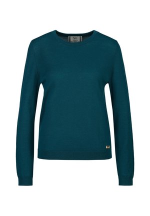 Pull en maille manches longues couleur sarcelle avec col rond et petite étiquette logo dorée près de l'ourlet inférieur sur fond blanc.