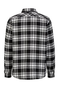 Schwarz-weißer Karierungsbaumwollshirt, mit langen Ärmeln, einem Kragen und Knopfmanschetten. Der Stoff hat ein strukturiertes, weiches Aussehen.