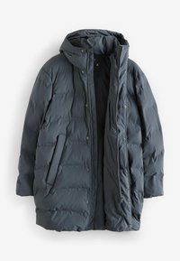 Dunkelgraue Steppjacke mit Kapuze, ausgestattet mit gestepptem Textil, Reißverschluss und Druckknopfverschlüssen sowie Seitentaschen; isoliertes Design für Wärme.