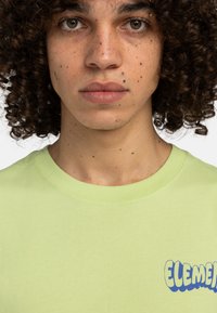 Lys grøn bomulds t-shirt med et blåt grafik, der står "ELEMENT" på venstre bryst, rund halsudskæring og korte ærmer.