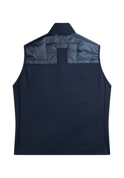 Granatowa kamizelka bez rękawów z podszytym górnym tyłem i wysokim kołnierzem, widziana od tyłu na białym tle.