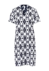 Korte mouw jurk met een geometrisch patroon in marineblauw en wit, met een V-hals ontwerp en een ontspannen silhouet. Gladde stoftextuur.