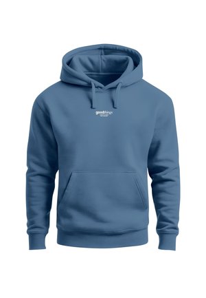 Blauer Hoodie mit Fronttasche und Kordeln, kleiner weißer Text "good things come to those who wonder" auf der Brust.