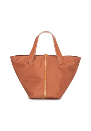 Borsa tote marrone larga con due manici in pelle e nome del marchio verticale "Alexander Smith" al centro davanti.