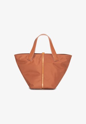 Borsa tote marrone larga con due manici in pelle e nome del marchio verticale "Alexander Smith" al centro davanti.