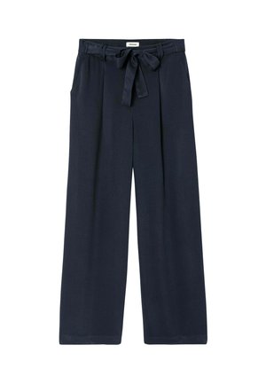Pantalon large bleu marine avec poches avant et ceinture en tissu nouée en nœud à la taille.