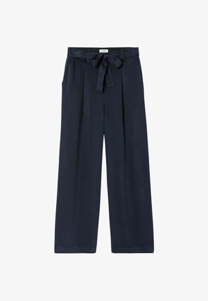 Pantalon large bleu marine avec poches avant et ceinture en tissu nouée en nœud à la taille.
