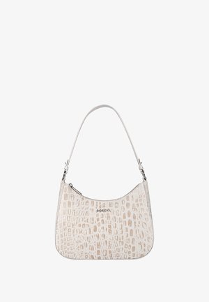 Crocodile-patterned white leather handbag with a curved shape, single shoulder strap, silver hardware, and a zip closure.