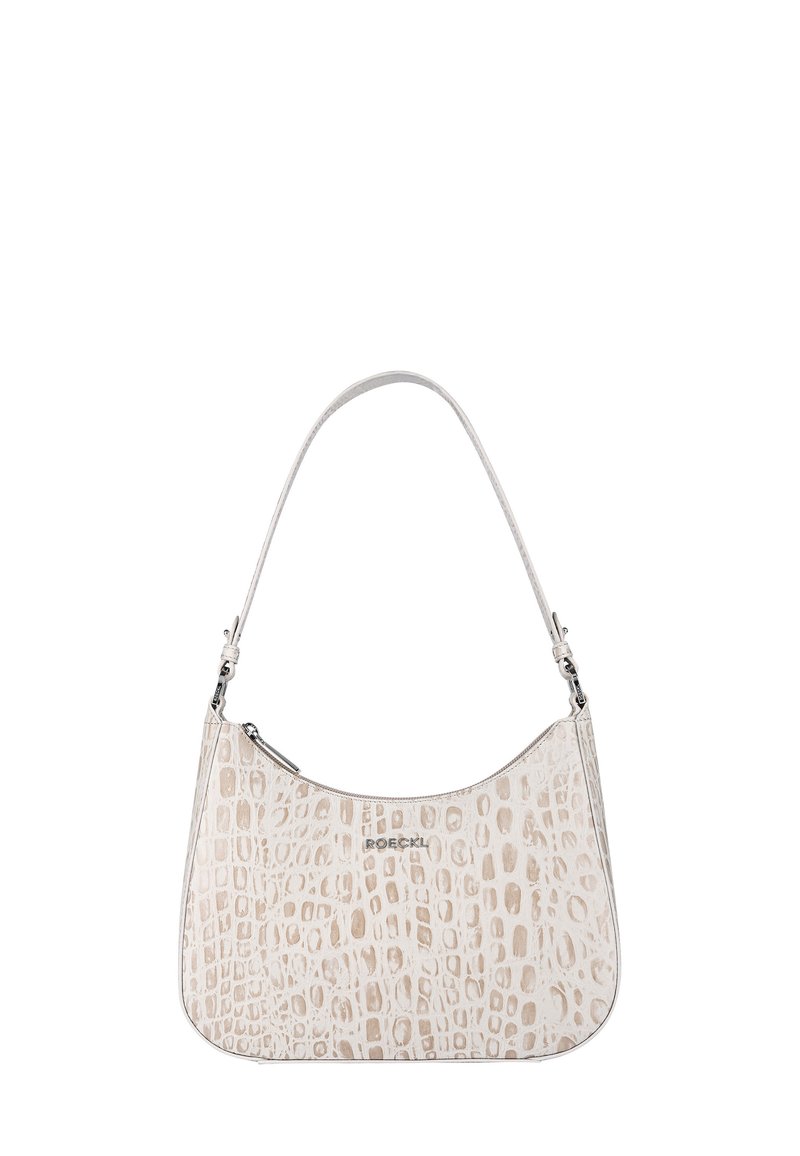 Crocodile-patterned white leather handbag with a curved shape, single shoulder strap, silver hardware, and a zip closure.