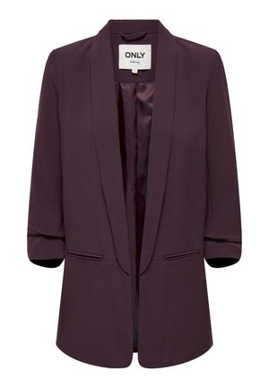 Purple blazer with a plain design, shawl collar, three-quarter sleeves, and two front pockets. Smooth texture and satin interior lining.
