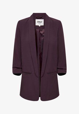 Purple blazer with a plain design, shawl collar, three-quarter sleeves, and two front pockets. Smooth texture and satin interior lining.