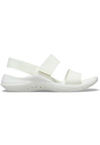 Sandal bianco in gomma con due cinturini regolabili. Presenta una suola testurizzata e supporto per l'arco plantare con piccole perforazioni per la traspirazione.