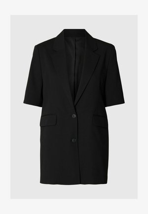 Svart blazer-kjole med korte ermer, to knapper foran, hakkede slag og to klaffelommer, vist på ensfarget bakgrunn.