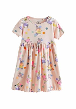 Sukienka z krótkim rękawem z jasnoróżowego prążkowanego materiału, z kolorowym wzorem w kropki i kreskówkowymi postaciami w czapkach imprezowych, marszczona spódnica.