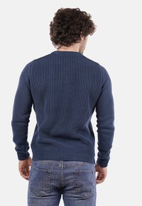 Pullover blu navy in maglia con texture a coste, maniche lunghe e scollo rotondo. Indossato con jeans blu, mostrando la vista dal retro.