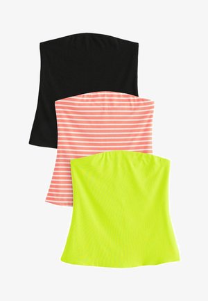 Kolm torusärki: üks ühtlane must, üks roosa valgete triipudega ja üks erksalt neoonroheline. Kõikidel on venitav kangas ja sile tekstuur.