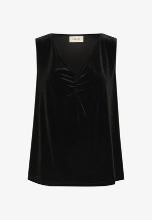 Top negru fără mâneci, din catifea moale, cu decolteu în V și detaliu pliat în centru. Croială lejeră, cu o textură fină.