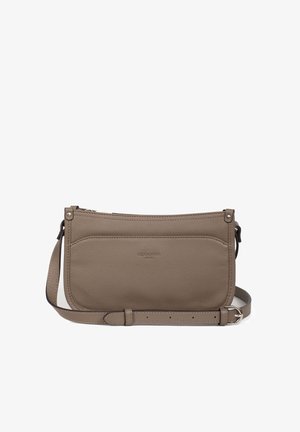 Borsa a tracolla in pelle grigia con texture liscia, chiusura con zip, tracolla regolabile e tasca frontale con sottile dettaglio del logo.