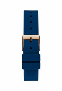 Correa de reloj de silicona azul con una textura suave y hebilla de metal dorado. Cuenta con varios agujeros de ajuste y bandas de doble hebilla.