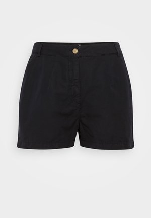 Shorts en coton noirs avec une fermeture à bouton à l'avant, des détails plissés et une coupe droite. Pas de motifs ou d'accents visibles.