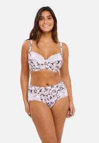Floral-patterned white bra and high-waisted brief set, featuring intricate lace accents, light colors, and a keyhole detail in the bra.