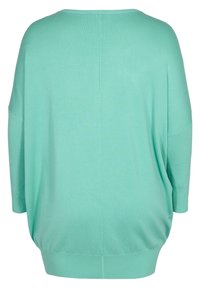 Volný pletený svetr ve světlé mátové zelené barvě s pokleslými rameny a žebrovaným lemem, zobrazený zezadu.