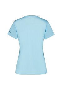 Ljusblå kortärmad t-shirt med rundad halsringning; slät yta; logotypdetalj på vänster ärm; figursydd design och enfärgad baksida.