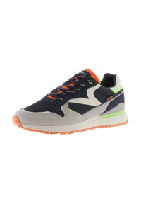 Scarpa sportiva navy e grigia realizzata in materiali mesh e camoscio, con dettagli in verde neon e arancione, suola testurizzata e lacci a contrasto.