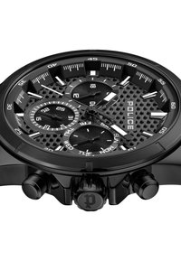 Orologio cronografo nero con quadrante a nido d'ape testurizzato, indicatori bianchi, dettagli in acciaio inossidabile e una prominente corona laterale e logo.