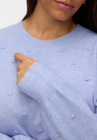 Maglione lavorato a maglia blu chiaro con scollatura rotonda, caratterizzato da motivi a pois in rilievo e polsini a coste, che mostra una consistenza morbida.