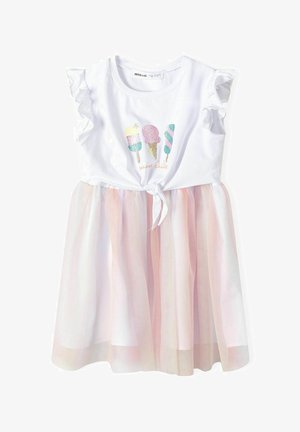 Biała sukienka z krótkimi falbaniastymi rękawami i różową tiulową spódnicą. Posiada ilustracje lodów i detal związany z wiązaniem w talii.
