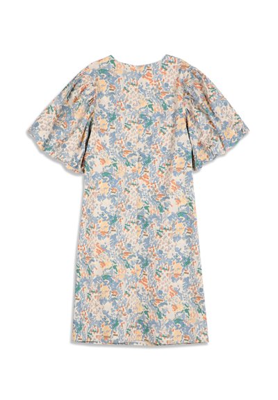 Robe longueur genou avec de larges manches courtes et un motif floral abstrait multicolore dans des tons bleus, orange, vert et beige.