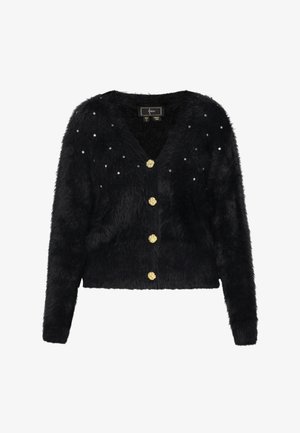 Juodas dirbtinio kailio kardiganas su V formos iškirpte, puošni auksinėmis sagomis ir išsibarsčiusiais skaidriais deimantais. Minkšta tekstūra ir trumpas siluetas.