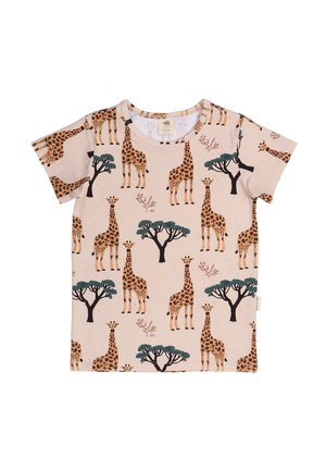 Kurzärmliges T-Shirt aus einem weichen, hellbeigen Stoff mit einem Muster von Giraffen und Bäumen in Braun, Grün und Schwarz. Runder Halsausschnitt.