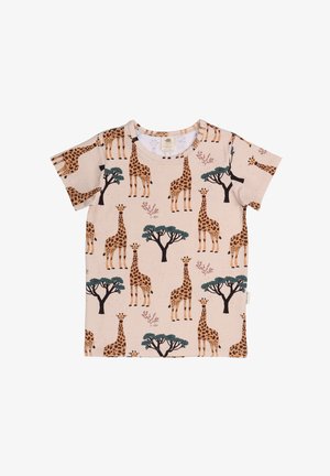 Short-sleeved T-shirt in a soft, light beige fabric featuring a giraffe and tree pattern in brown, green, and black. Round neckline.