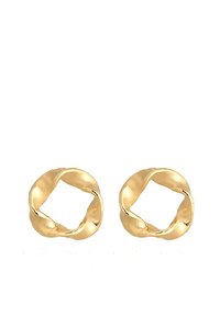 Goldene, verdrehte Creolen mit strukturierter Oberfläche, die eine kreisförmige Form und ein offenes Design aufweisen, und eine dreidimensionale Bewegung zur Geltung bringen.