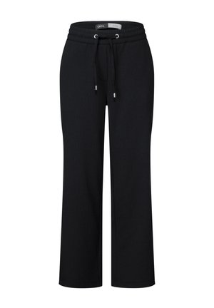 Pantaloni neri con vita regolabile, realizzati in un tessuto texturizzato, design a gamba dritta e tasche laterali. Stile semplice e versatile.