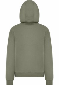 Green hooded sweatshirt, made of soft fabric, featuring long sleeves and a relaxed fit. The back is smooth with a simple design.