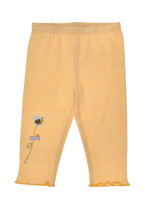 Pantaloni da bambino a righe gialle e bianche con vita elastica, orli arricciati e un'ape con ricamo della scritta "SUNNY" sulla gamba sinistra.