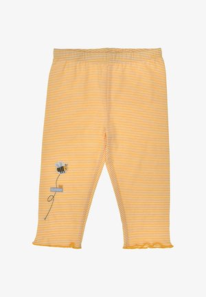 Yellow and white striped toddler pants with elastic waist, ruffled hems, and a bee with "SUNNY" text embroidery on left leg.