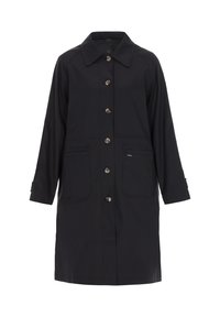 Schwarzer Mantel aus glattem Stoff, mit Knopfleiste vorne, zwei Fronttaschen und klassischem Kragen sowie dreiviertellangen Ärmeln.
