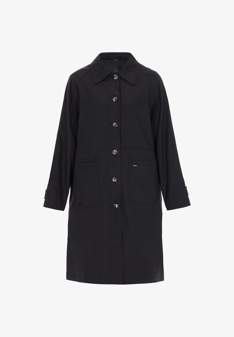 Schwarzer Mantel aus glattem Stoff, mit Knopfleiste vorne, zwei Fronttaschen und klassischem Kragen sowie dreiviertellangen Ärmeln.