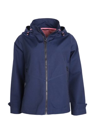 Navy waterproof jacket with a hood, front zipper, side pockets, and adjustable cuffs. Features a contrasting pink inner lining.