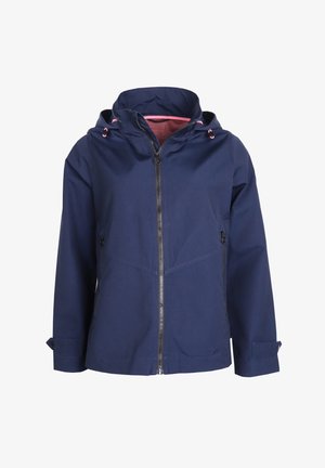 Marineblau wasserdichte Jacke mit Kapuze, Frontreißverschluss, Seitentaschen und verstellbaren Manschetten. Mit einem kontrastierenden pinken Innenfutter.