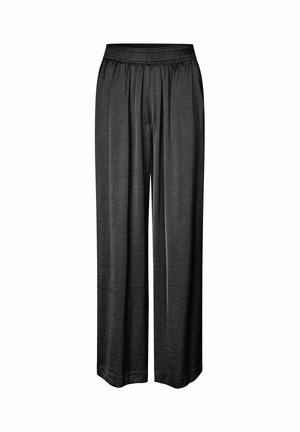 Pantalones de pierna ancha negros, hechos de una tela ligera y suave. Cuentan con una cinturilla elástica y dos bolsillos laterales para mayor comodidad.
