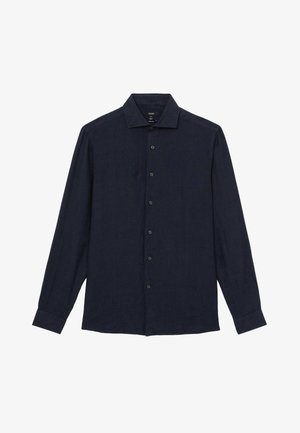 Camicia blu navy scuro a maniche lunghe con bottoni, colletto classico e polsini, mostrata distesa su sfondo bianco.