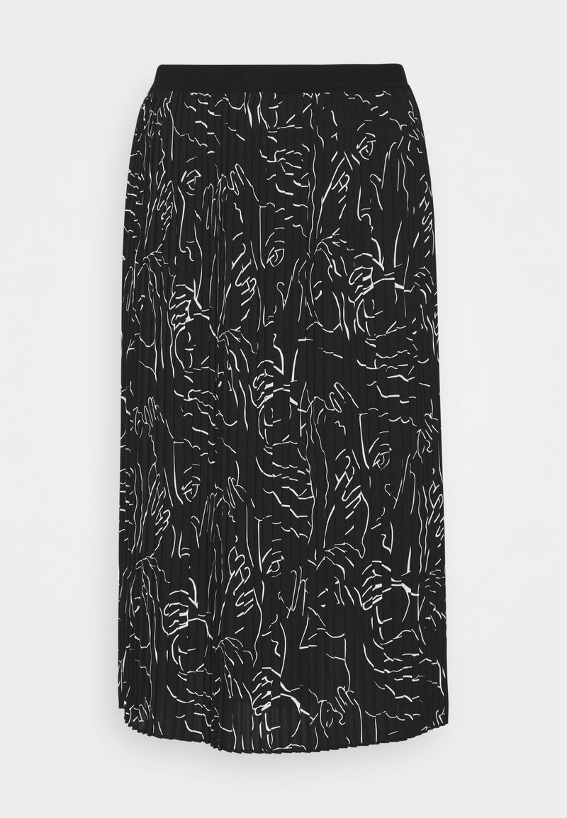 Black pleated midi skirt with abstract white continuous line drawings of faces and hands pattern and elastic waistband.