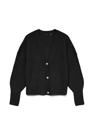 Cardigan en tricot noir à manches longues, col en V, avec trois boutons argentés sur le devant, posé à plat sur un fond blanc.