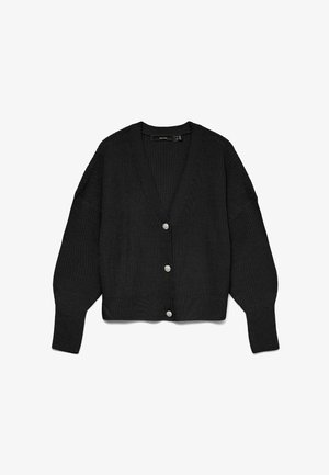 Cardigan en tricot noir à manches longues, col en V, avec trois boutons argentés sur le devant, posé à plat sur un fond blanc.