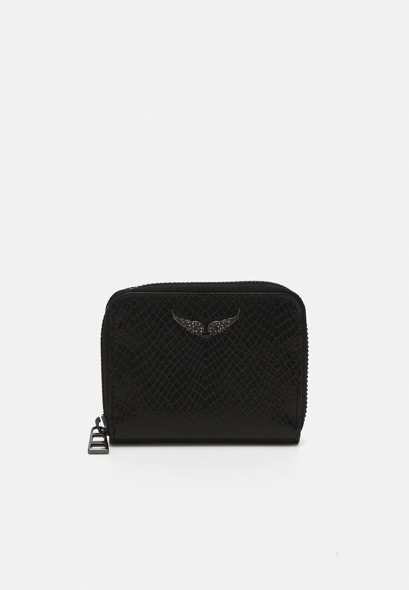 Black zippered wallet made of textured faux snake skin, featuring a silver wing accent on the front and a small metal zipper pull.